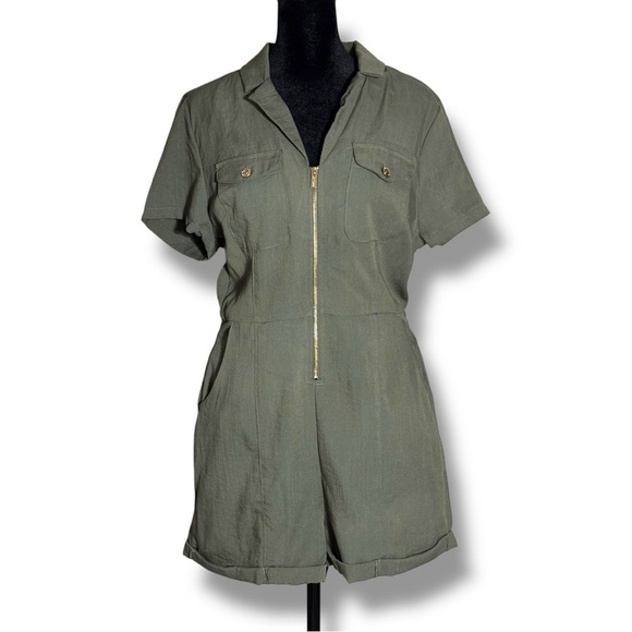 Guess Olive Green Military Style Rolled Hem Gold Zip Front Pockets Romper - Picture 8 of 16